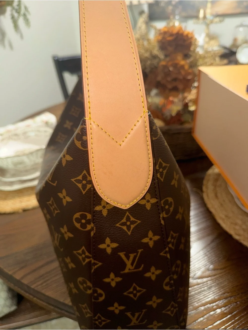 Louis Vuitton Monogram Shoulder Hobo in Brown with Red Trim